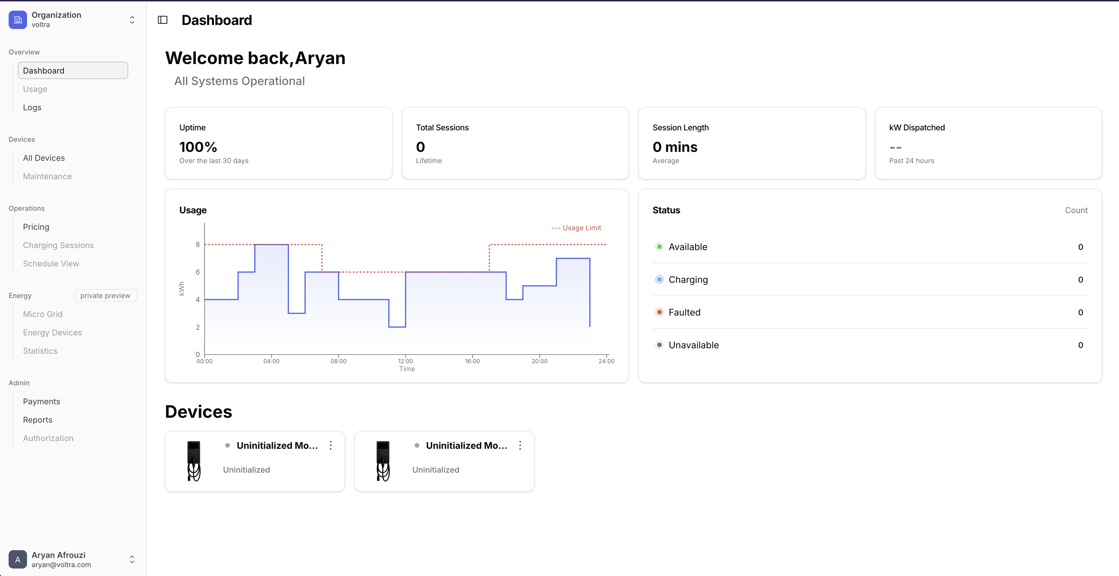 Charge UI dashboard showing EV charging management interface